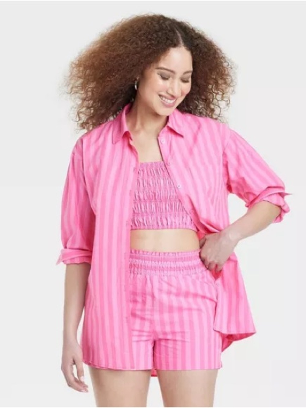 Women’s Pink Striped Button-Up Shirt and Smocked shorts